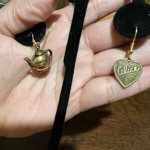 Nickel Free Alice in Wonderland Tea Party Earrings, in Antique Brass